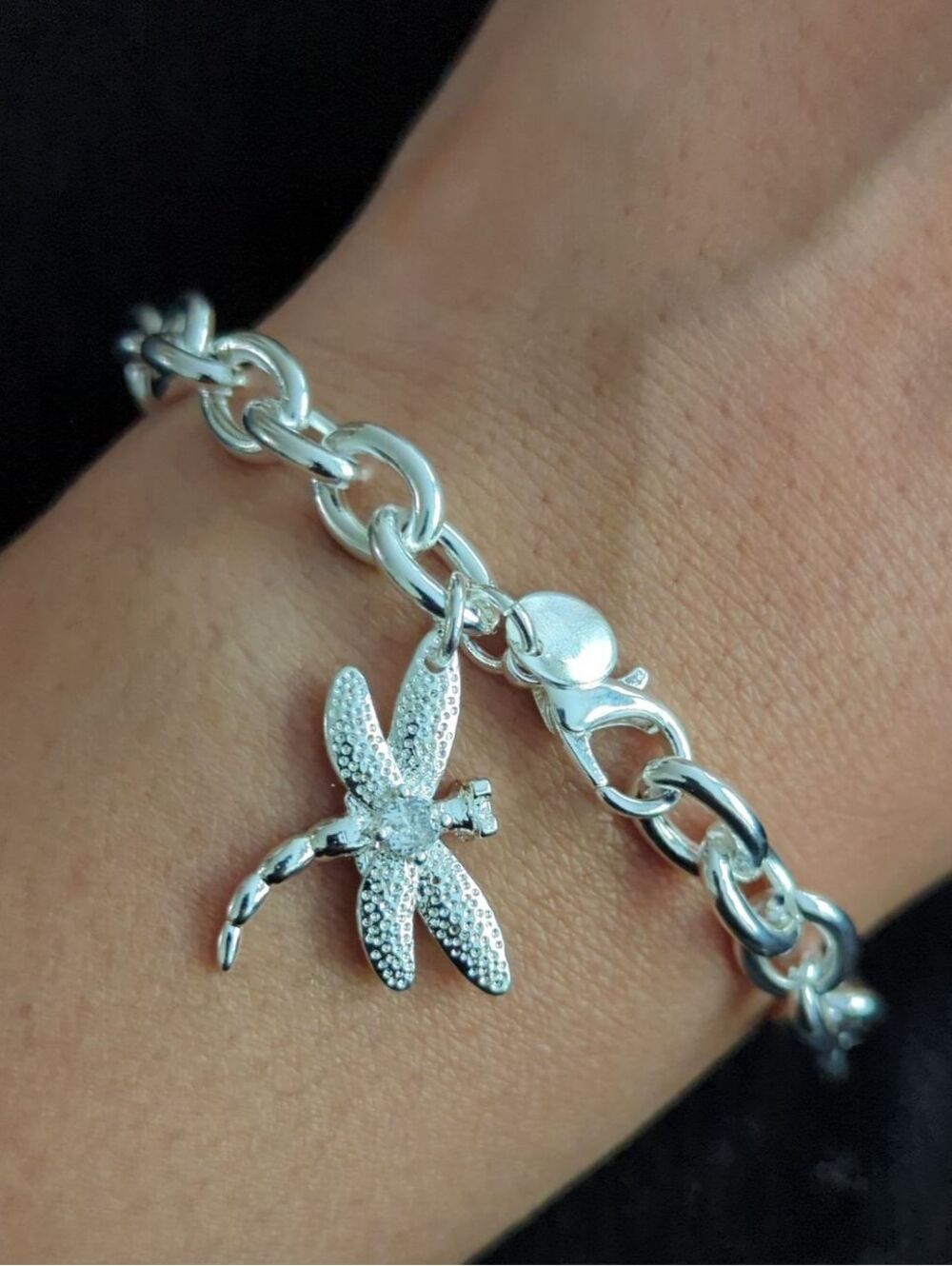 Silver Dragonfly Charm Bracelet Adjustable Silver Plated Jersey Bangle Women's